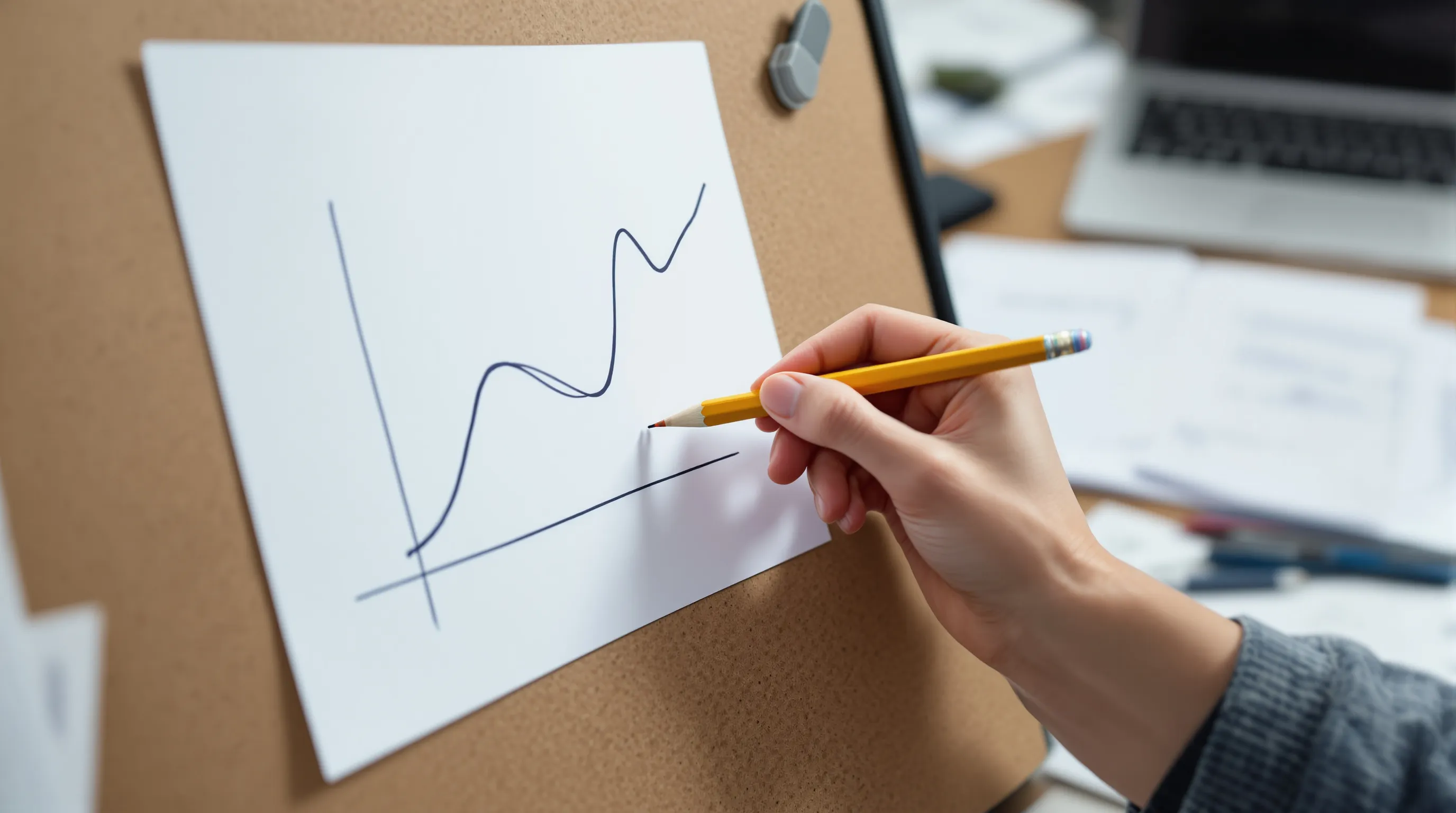 Researcher marking calibration thresholds on AI detection probability curves at a workstation with printed charts