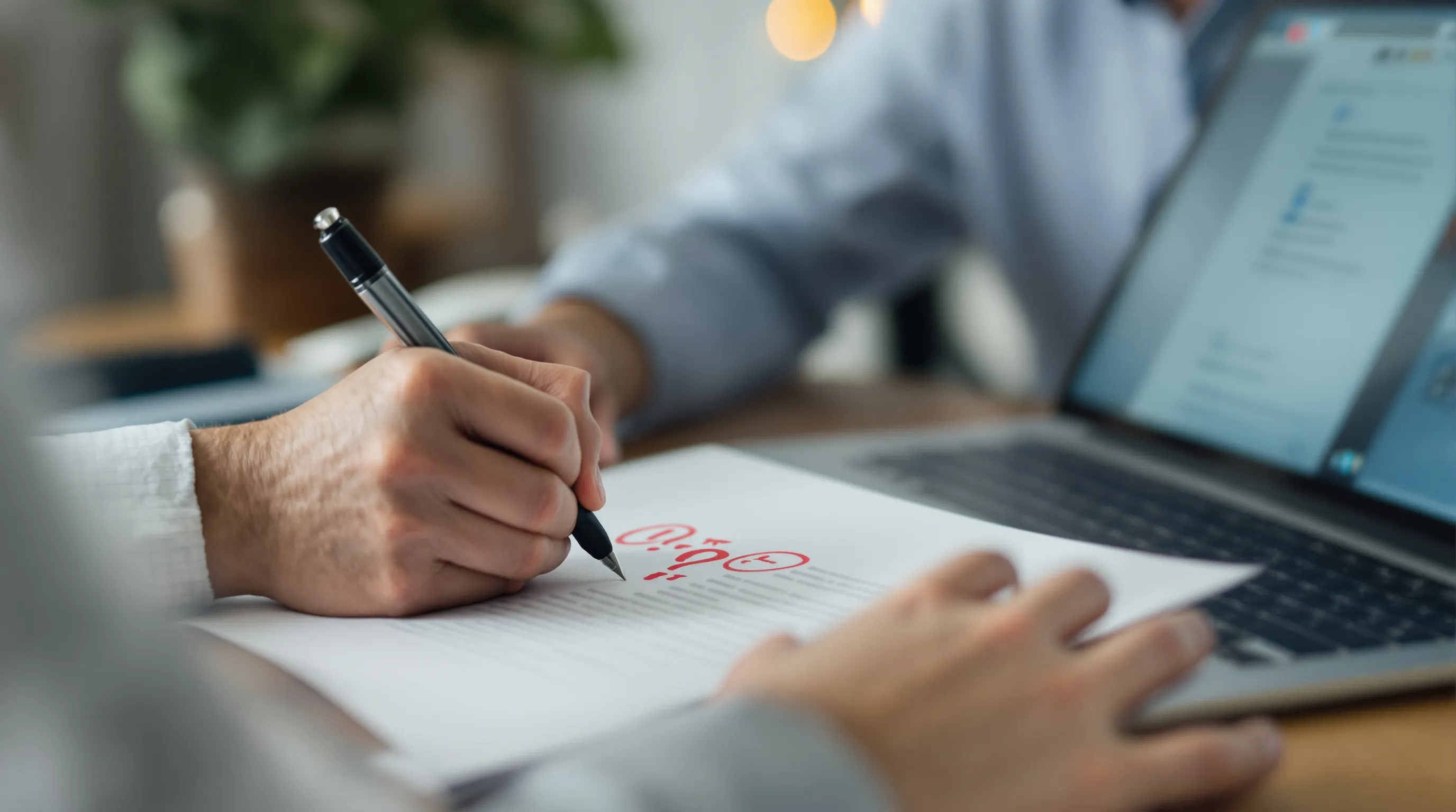A writer annotating a printed manuscript with punctuation marks circled in red ink beside an AI text analysis dashboard on a laptop