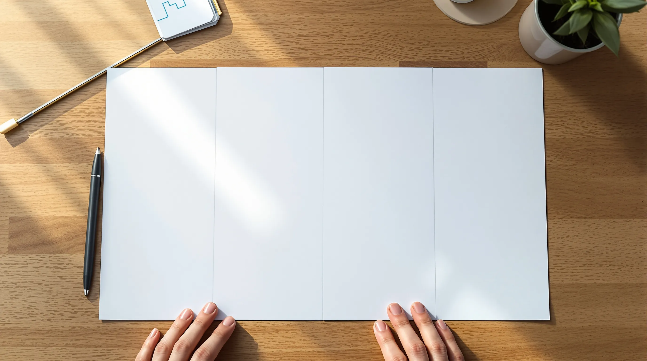 Timeline of company blog posts spread across a desk, transitioning from varied handwritten-annotated documents on the left to uniform identical printouts on the right, representing the shift from human to AI-generated content