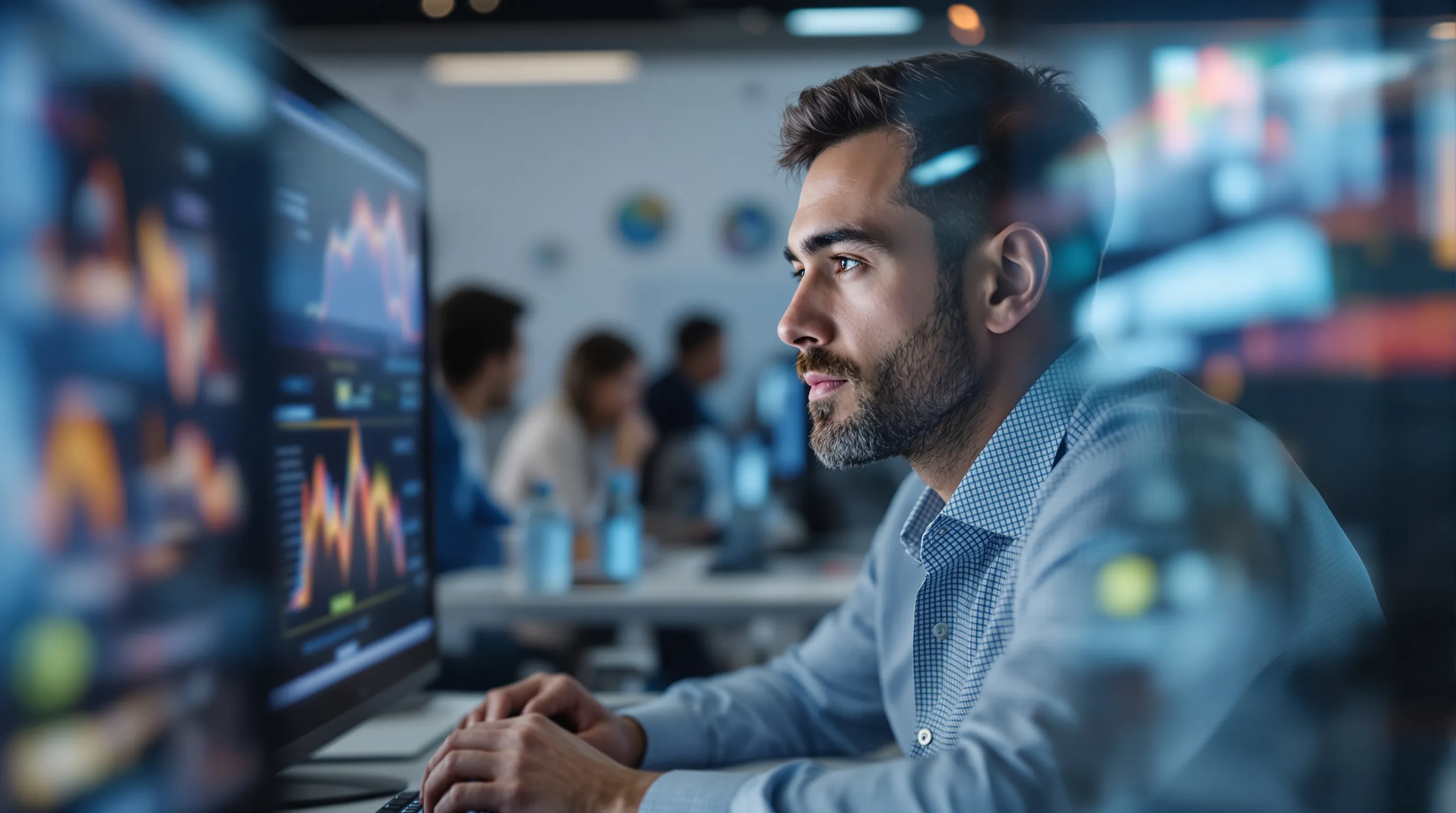 Researcher analyzing AI detection calibration data and false-positive rates across writing registers on dual monitors