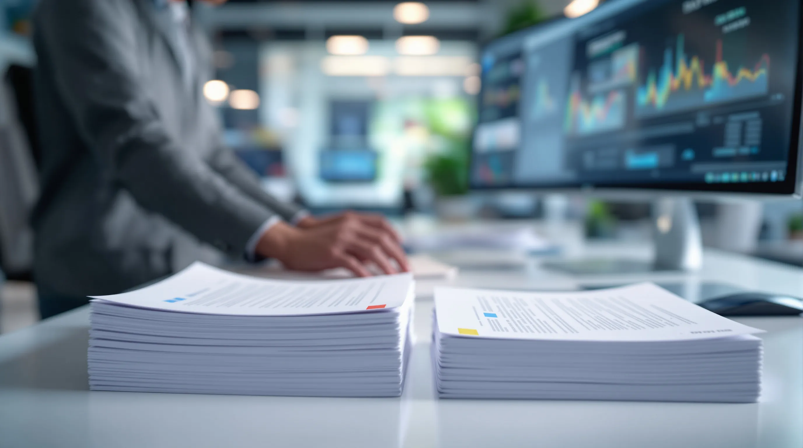 Researcher comparing two stacks of documents at a desk with a text pattern analysis visualization displayed on a large monitor behind them