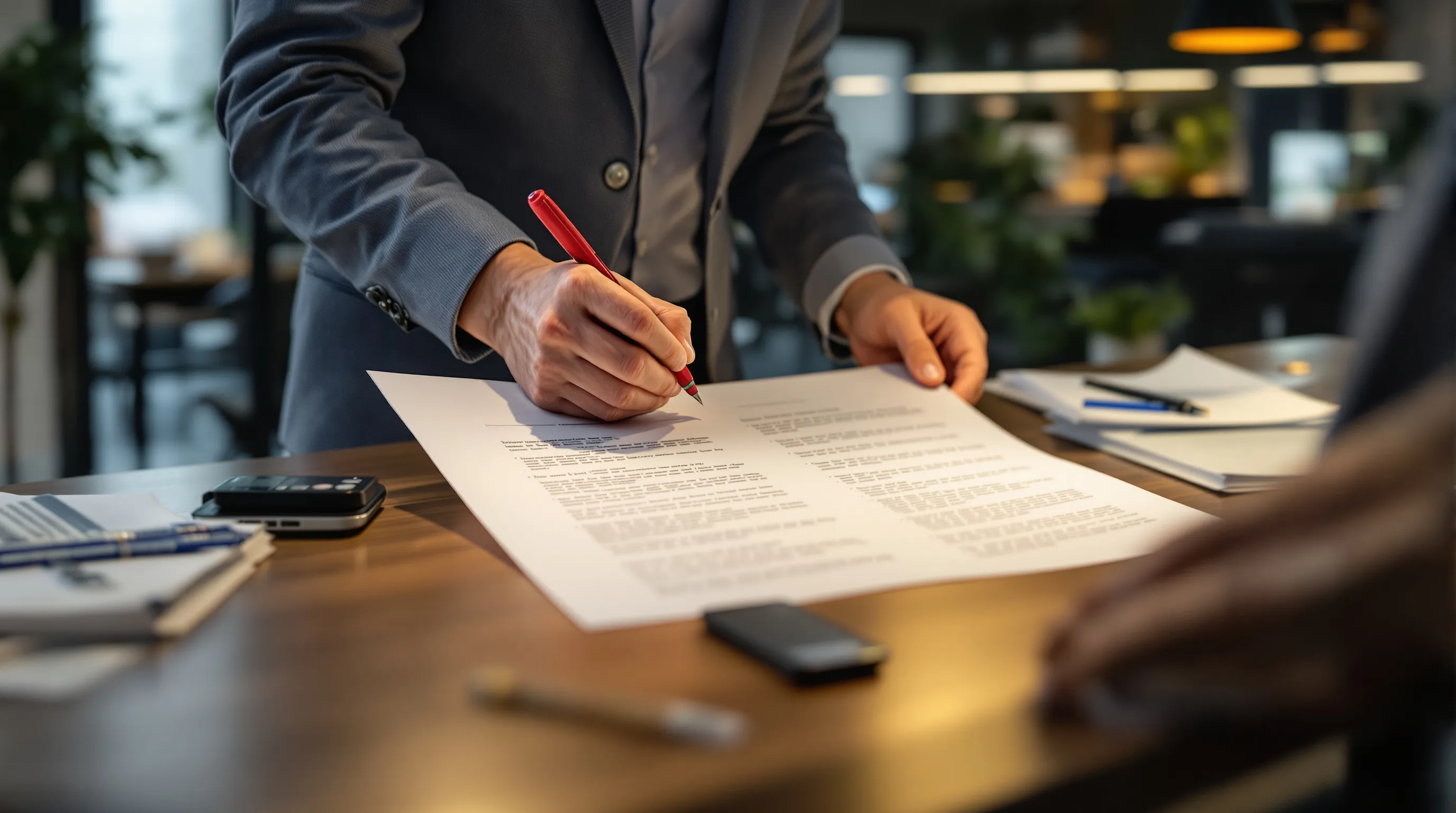 Content editor comparing two printed documents side by side, marking one with a red pen under focused overhead lighting