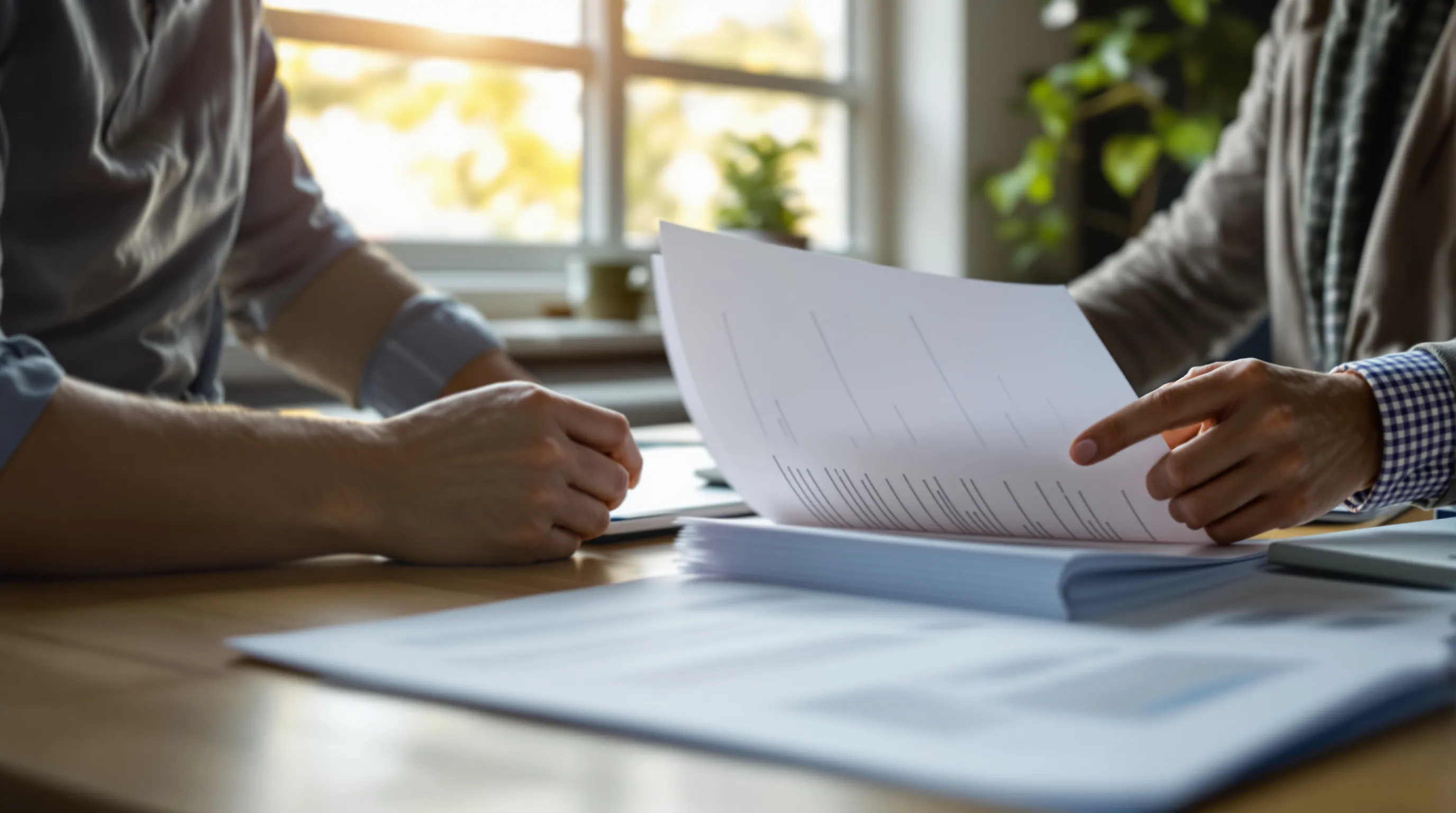 Formal institutional policy documents on a desk beside a laptop showing text analysis, representing the register overlap between official prose and AI-generated writing that causes false positives in AI detection